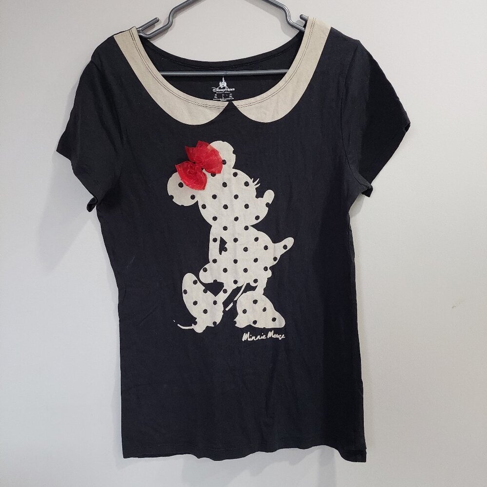 Disney Parks Minnie Mouse Polka Dot Tee Peter Pan collar 3D red bow.